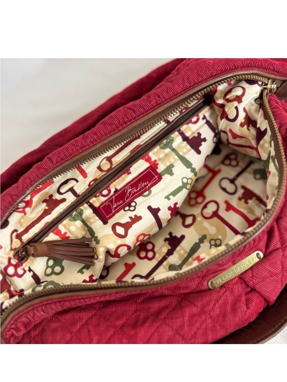 Vera Bradley Retired Quilted Chili Red Shoulder HoboBag with BrownStrap&Tassels - Picture 9 of 12
